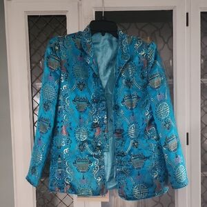 Elegant Blue Oriental Patterned Women's Blazer